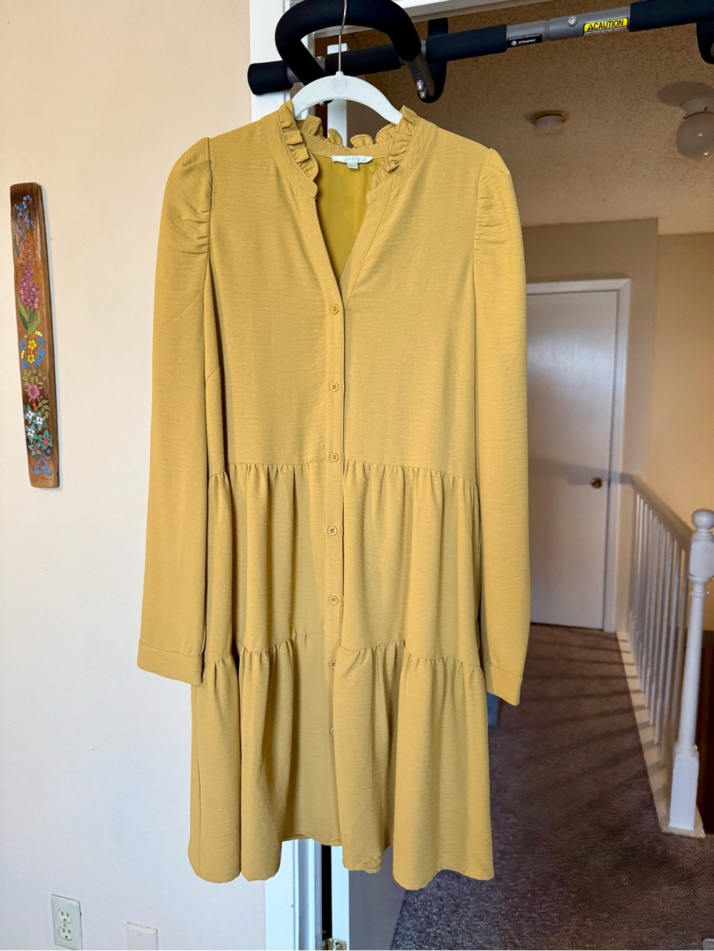 Tiered Ruffle Collar, Button-Front Midi Dress in Mustard